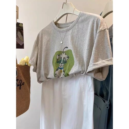 独特漂亮卡通狗狗印花米灰色短袖T恤女夏日薄款百搭减龄宽松上衣