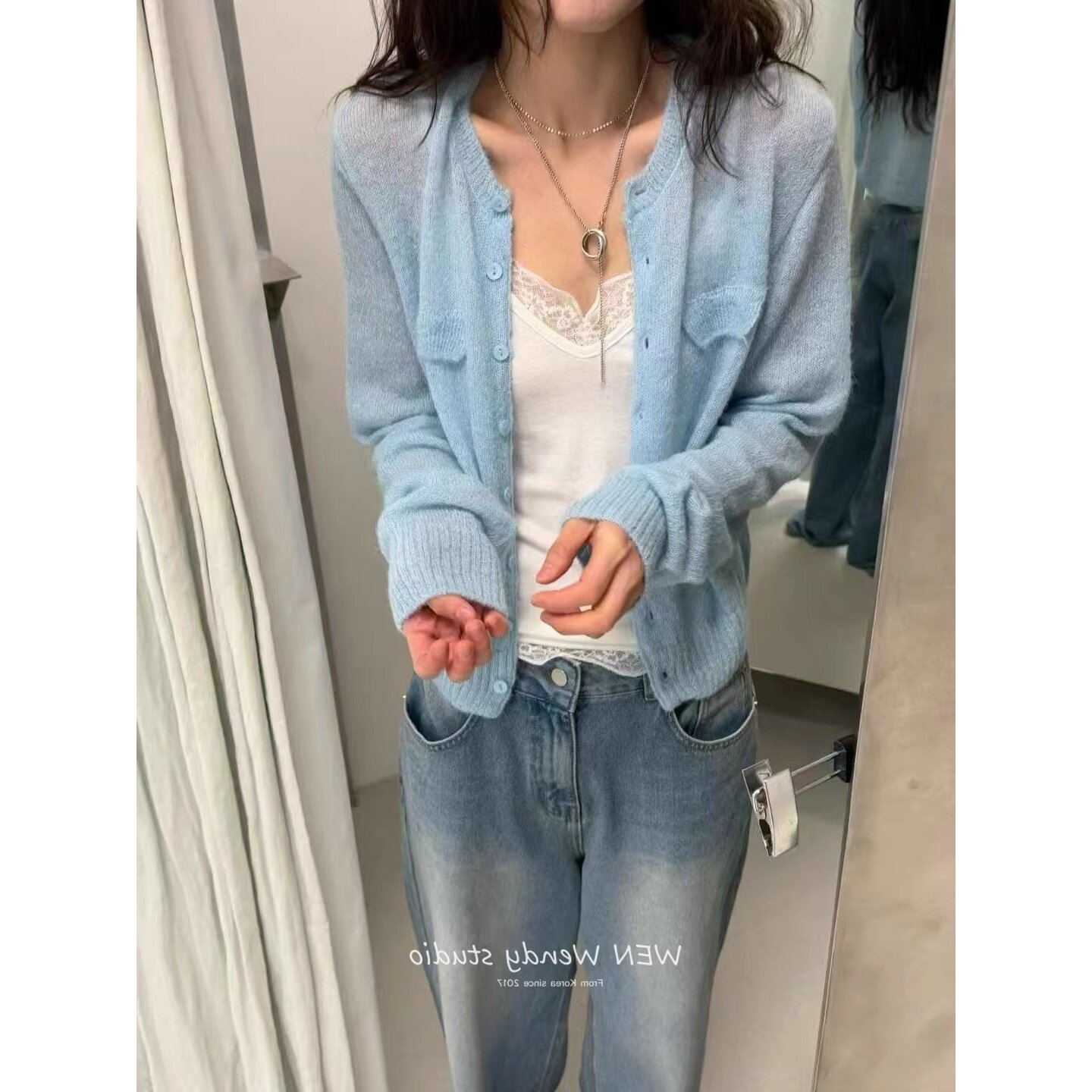 韩版简约温柔蓝色针织开衫女2026春夏季薄款罩衫圆领外套上衣外搭