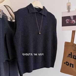 深灰色翻领针织马甲背心女春秋季小个子叠穿毛衣坎肩内搭无袖上衣