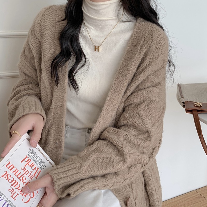 软糯浣熊毛毛衣外套女中长款秋冬宽松慵懒风过膝大衣麻花针织开衫