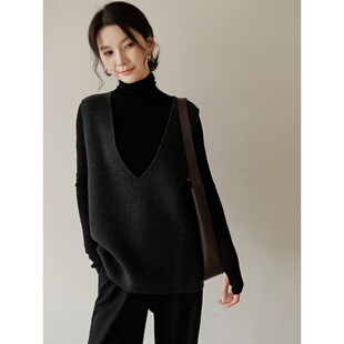 极简风深V领针织衫背心马甲女秋冬季叠穿氛围感坎肩无袖毛衣马夹