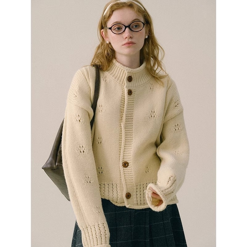 法式卷边镂空立领针织衫外套毛衣女新款秋冬羊毛开衫半高领上衣厚