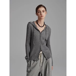 法式复古黑色连帽双拉链针织开衫女秋季显瘦内搭打底长袖帽衫上衣