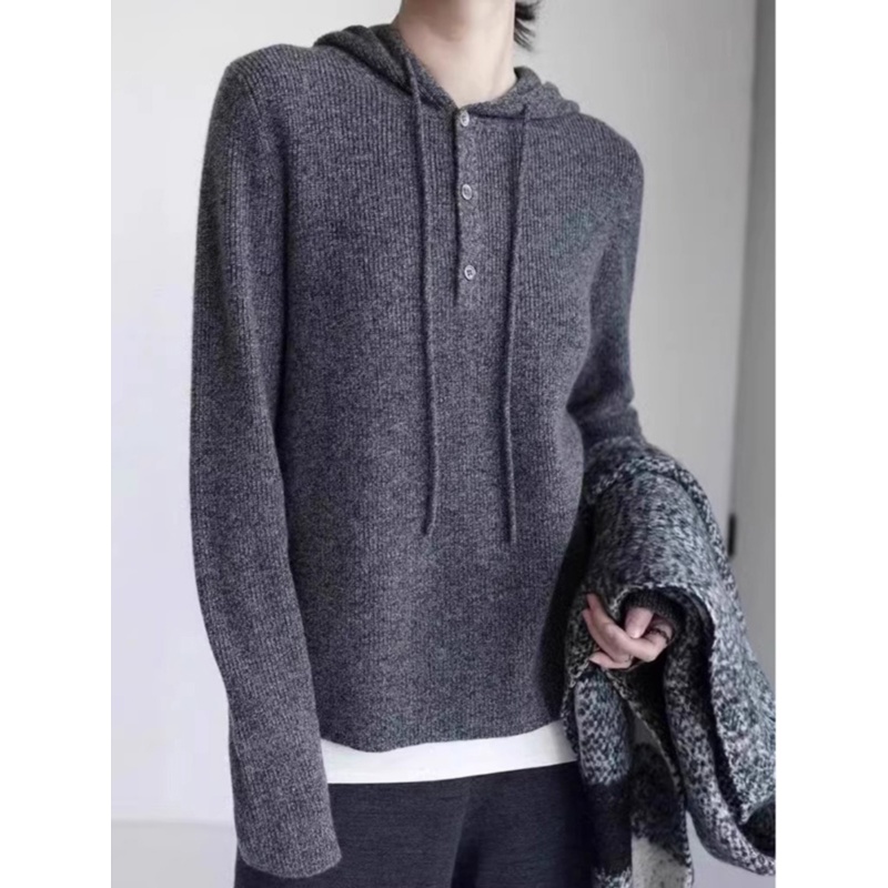 高级感灰色连帽毛衣女秋冬季内搭长袖慵懒针织帽衫打底衫气质上衣