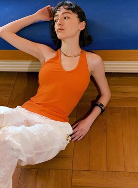 橙色挂脖V领背心小吊带外穿女夏季薄款复古修身内搭打底橘色上衣