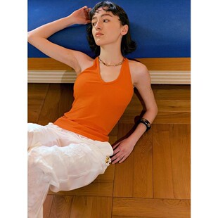 内搭打底橘色上衣 复古修身 橙色挂脖V领背心小吊带外穿女夏季 薄款