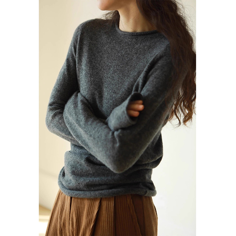 法式复古卷边显瘦针织打底衫女秋冬修身内搭叠穿慵懒长袖圆领上衣