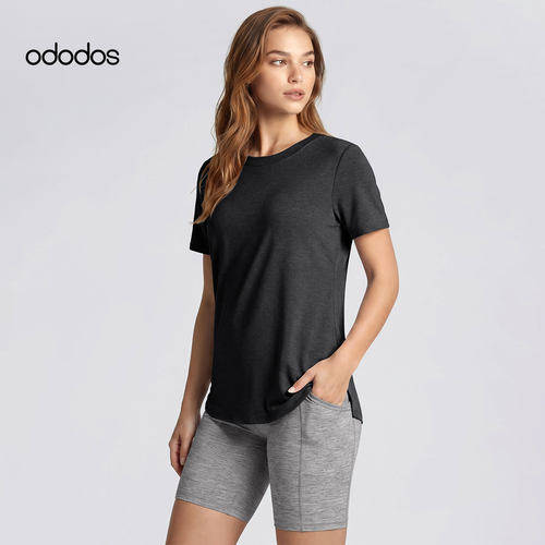 ododos 休闲百搭圆领短袖运动T恤女黑色柔软亲肤上衣跑步健身衣
