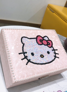 双层首饰盒粘钻k猫带锁首饰盒收纳盒多功能可爱公主耳环饰品盒