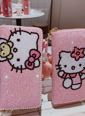 新款可爱满钻凯蒂钱包贴钻满钻女士少女心长款拉链钱包钱夹手机包