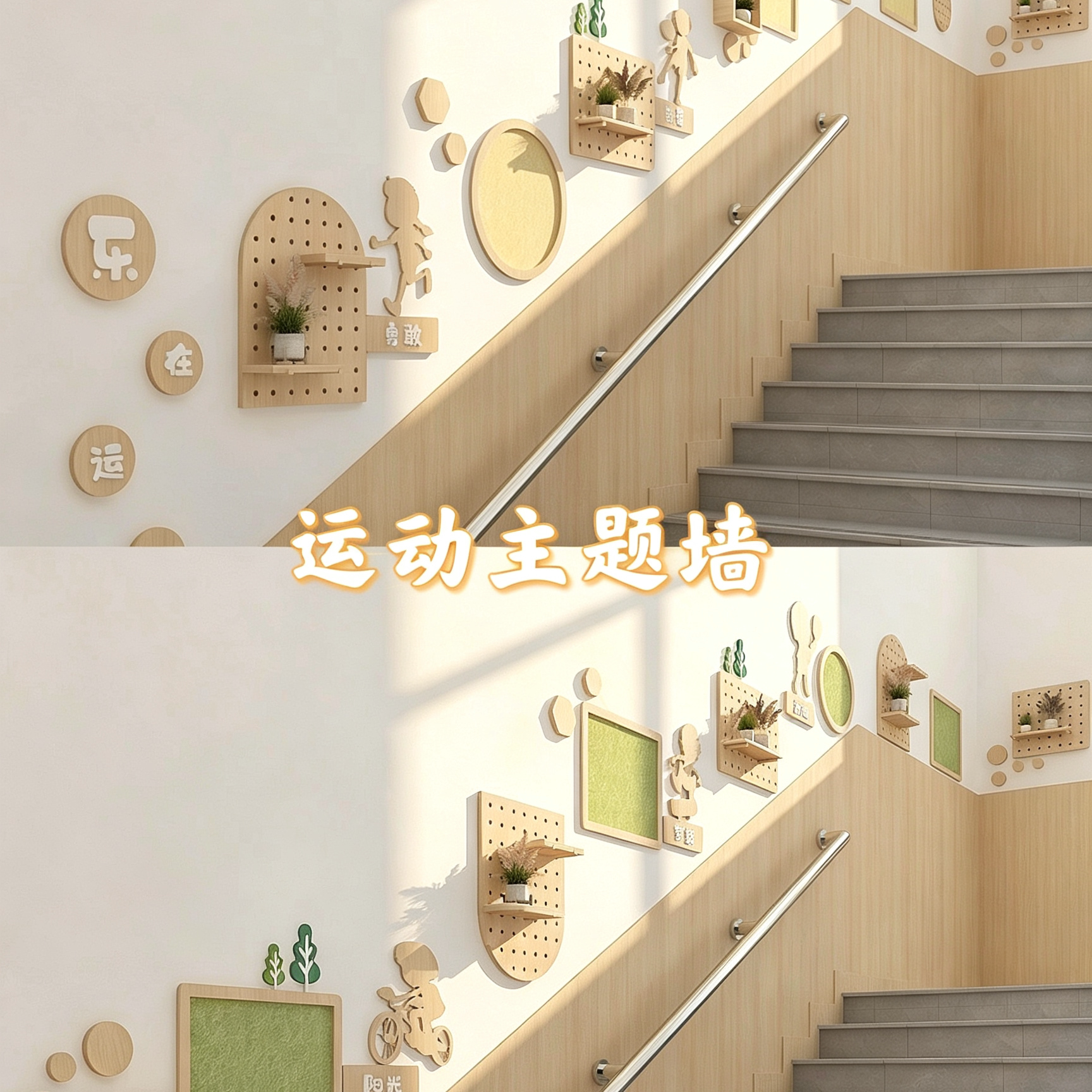 幼儿园楼梯墙面装饰毛毡实木