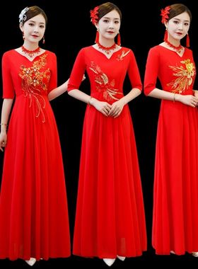 大红色合唱服演出服长裙女2022新款合唱队舞台指挥服主持人礼服