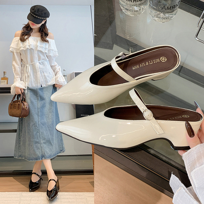 一字带高跟包头半拖鞋女外穿2026春夏新气质半拖穆勒尖头坡跟凉拖