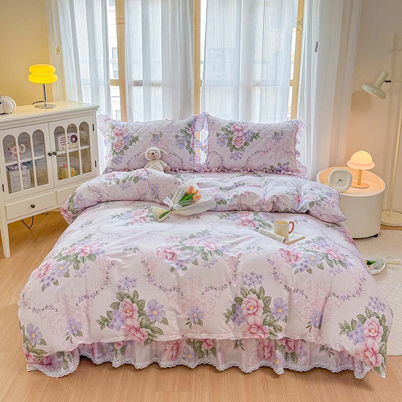 新品纯棉加厚床盖四件套全棉夹棉韩式床单秋冬床品床裙式荷叶花边