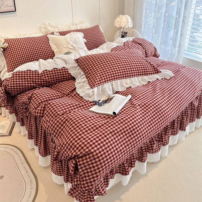 法式复古蕾丝边格子纯棉四件套全棉床裙式床品套件四季通用床垫套