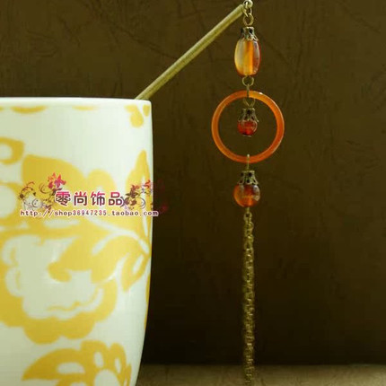 复古合金发簪女天热玛瑙圆环形流苏吊坠古风发饰百搭装饰品包邮