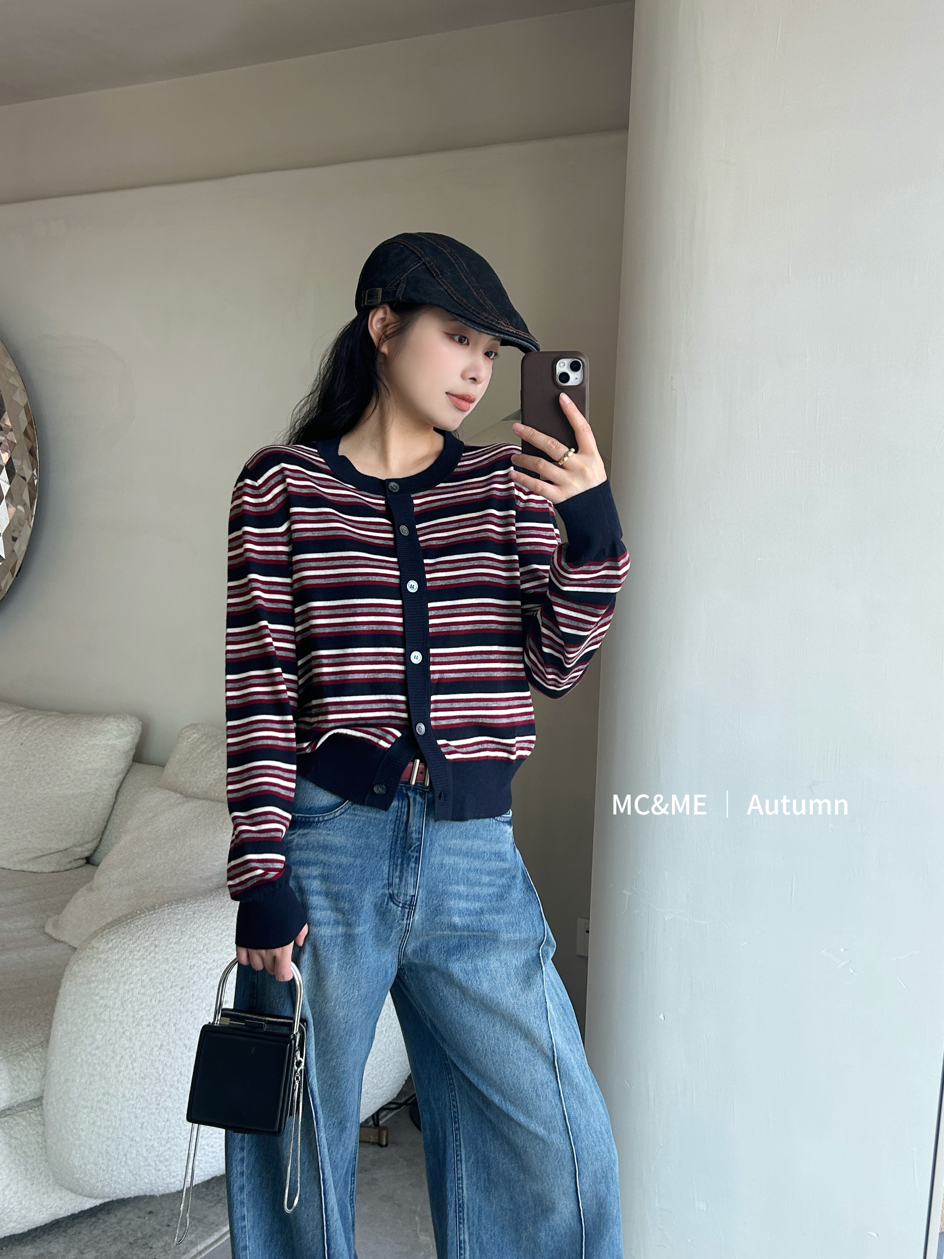 MCME木茜格条纹针织套头衫女25秋圆领百搭修身毛衣外套上衣499