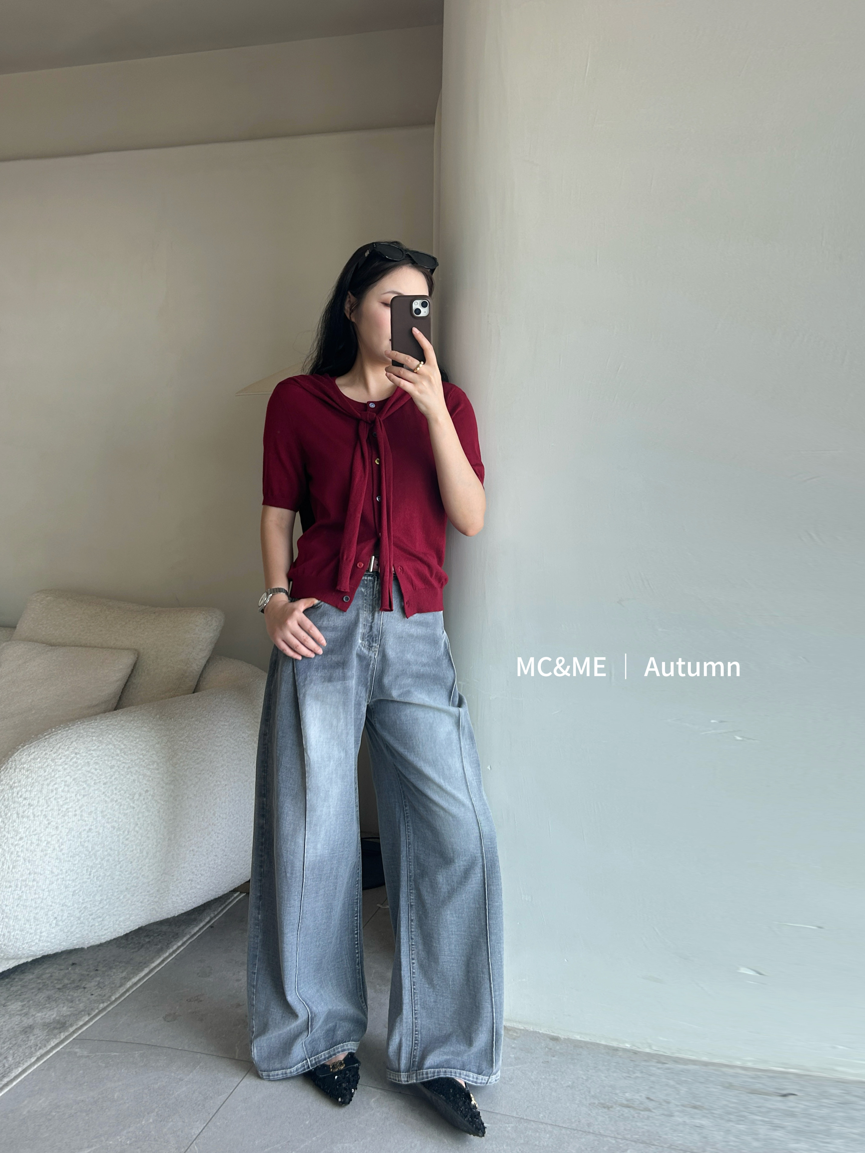MCME木茜格假两件酒红色毛衫女士短袖开衫539