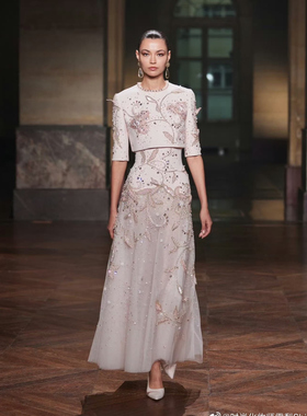 明星同款定制礼服华丽风重手工钻婚纱礼服女中袖收腰长裙梦幻定制