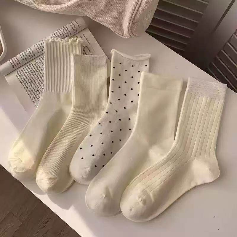 袜子女木耳边韩系百搭女中筒ins潮纯色春秋可爱波点日系甜美长袜
