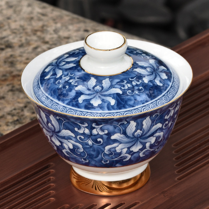 中国风青花瓷二才盖碗高脚单个泡茶器大碗茶盅不烫手功夫茶具复古