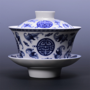 三炮台茶具陶瓷老式 青花蝙蝠五福大号四川成都茶馆三才盖碗茶杯