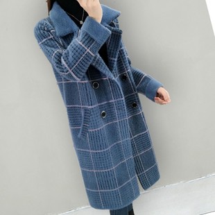春秋加厚宽松仿貂毛格子大衣 2025新款 水貂绒外套女毛衣开衫 中长款