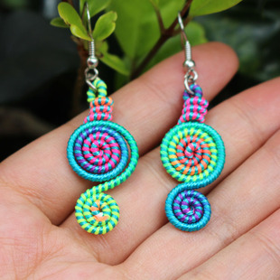 民族风七彩线异形耳环天蓝色饰品耳饰热卖款纯手工吊坠女流行耳坠