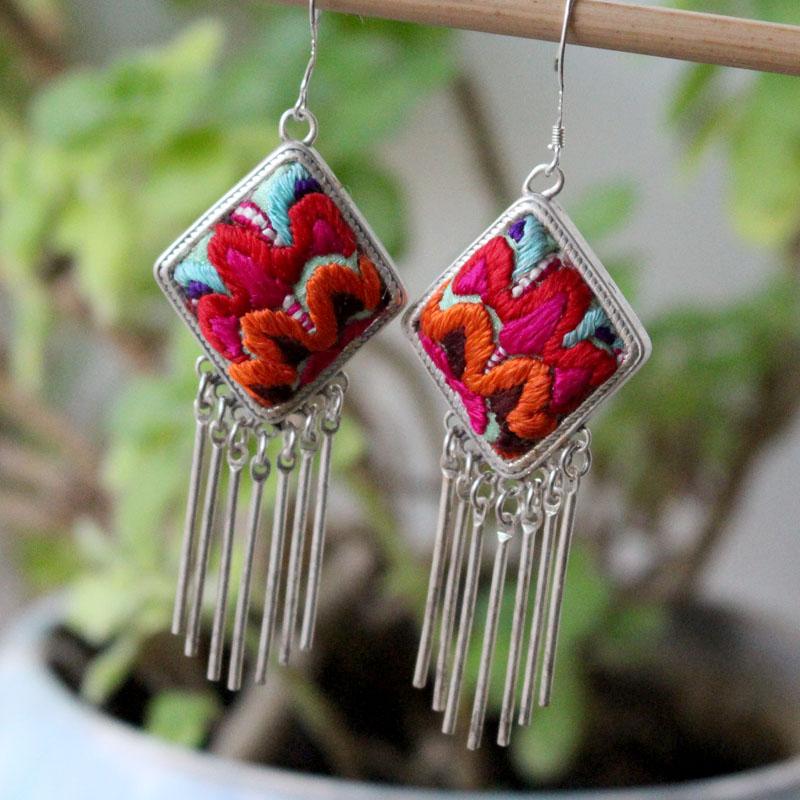 民族风苗银女式绣花耳环