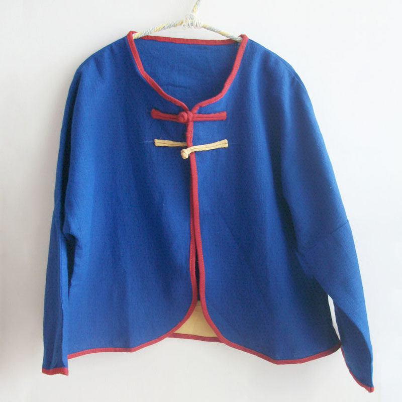 26年新中式盘扣开衫上衣女蓝色棉麻拼接长袖宽松显瘦大码气质外套