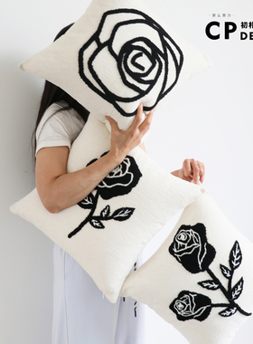 复古黑白色轻奢法式美式田园玫瑰绣花沙发抱枕飘窗靠垫民宿样板间