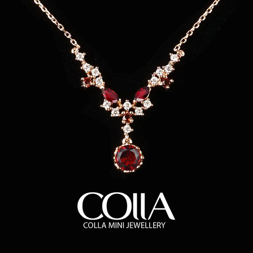 天然酒红石榴石项链女银镀金宝石