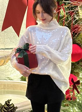 XIMANER 24秋冬气质白色圣诞新年透明亮片闪闪宽松休闲中长款毛衣