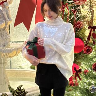 XIMANER 24秋冬气质白色圣诞新年透明亮片闪闪宽松休闲中长款毛衣