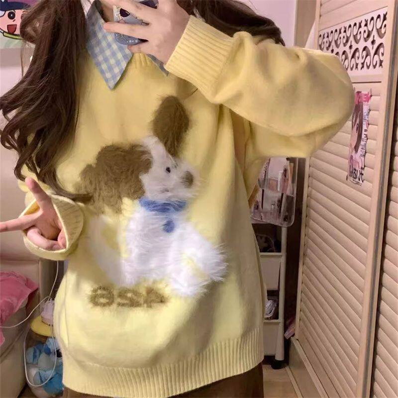 秋冬毛衣女学生新款休闲慵懒风宽松显瘦圆领套头打底针织衫上衣潮