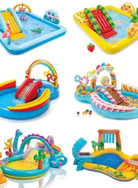 INTEX彩虹火烈鸟泳池家用喷水池带滑梯城堡卡通戏水池充气海洋球