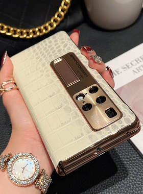 适用华为mateX2折叠屏手机壳电镀白色鳄鱼纹X2手机套mate X2典藏版真皮中轴铰链壳膜一体支架防摔高级感新款