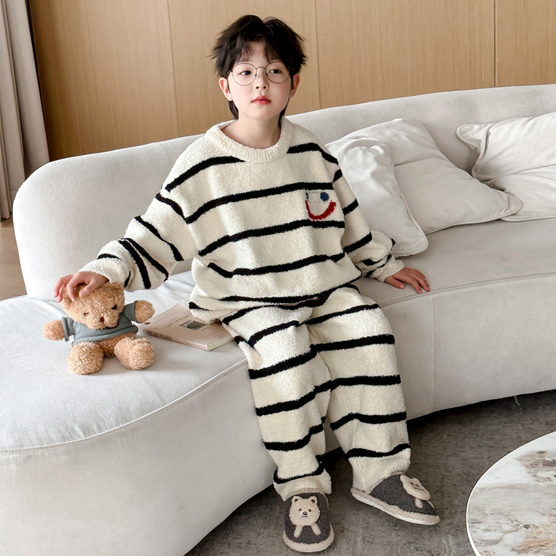 男童冬季珊瑚绒睡衣2025新款中大童秋冬款男孩儿童加绒加厚家居服