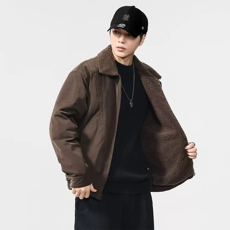 2025冬季保暖美式羊羔绒翻领棉服男加厚复古休闲工装夹克外套