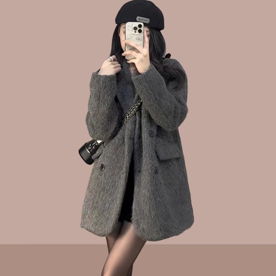 灰色呢子大衣女2024秋冬新款韩系小个子赫本风加厚西装毛呢外套潮