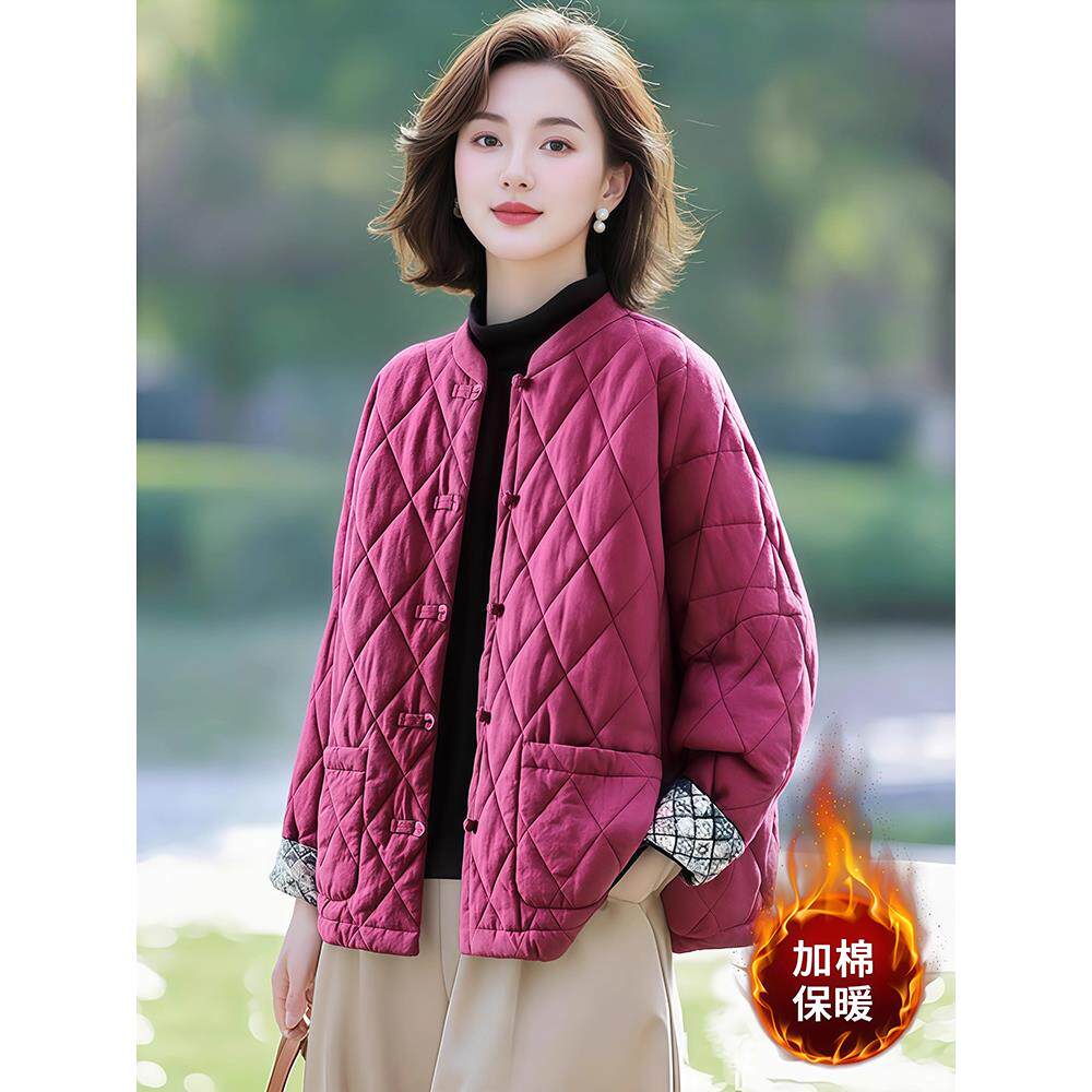 韩版纯色菱格棉服外套女秋冬季2025新款宽松休闲时尚百搭简约上衣