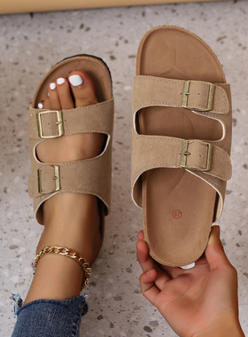 Wooden slippers female one-word button beach sandals凉拖鞋女