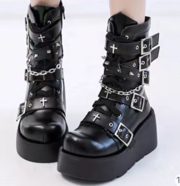 Demonia厚底靴朋克机车中筒靴女辣妹机车靴大码women wedge boots