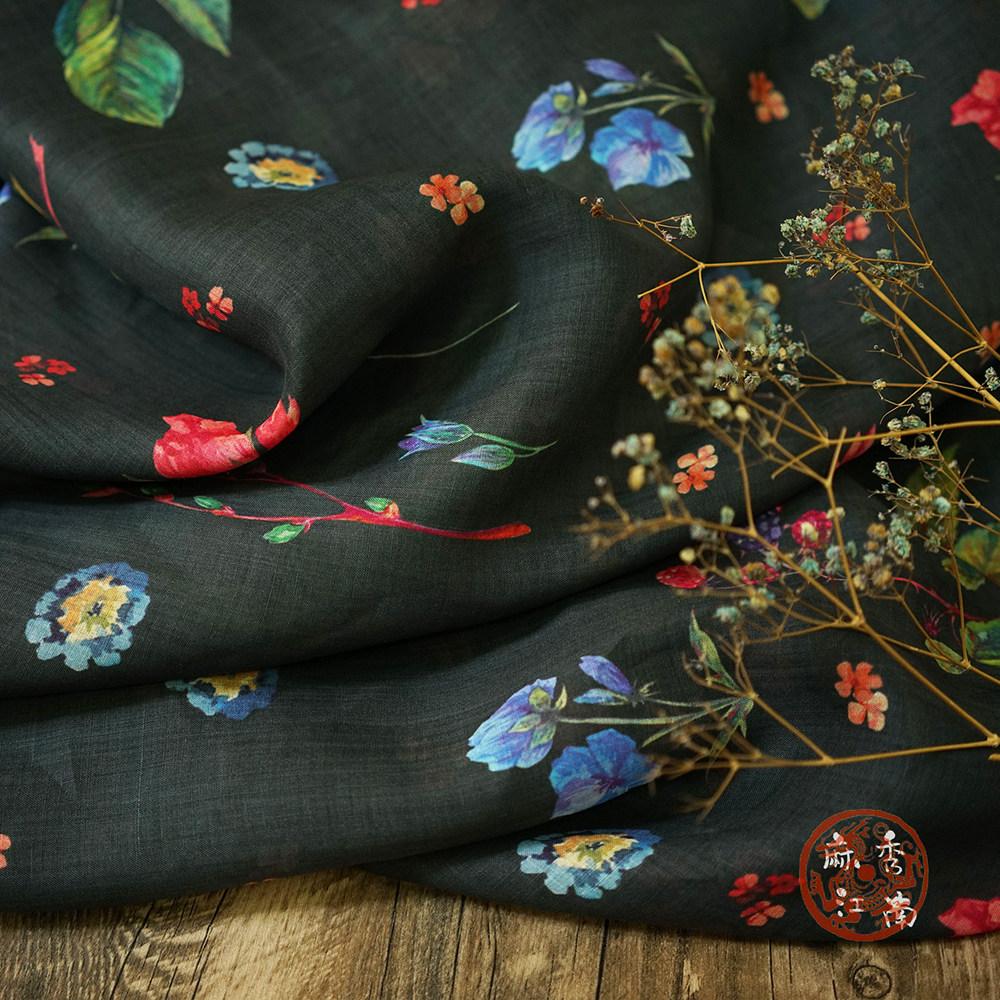 【知音】苎麻布料印花植物花色汉服连衣裙旗袍服装布料可做窗帘布