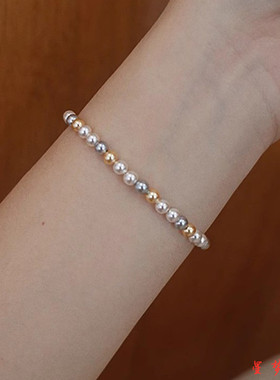 混彩施家baby珍珠手链女s925纯银正圆强光轻奢小众精致糖果色手串