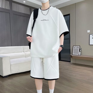 青少年冰丝凉感短袖T恤男士夏季短裤夏装足球格t帅气穿搭学生套装