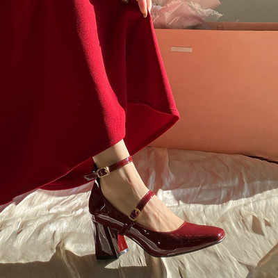 法式玛丽珍鞋女粗跟春方头高跟鞋