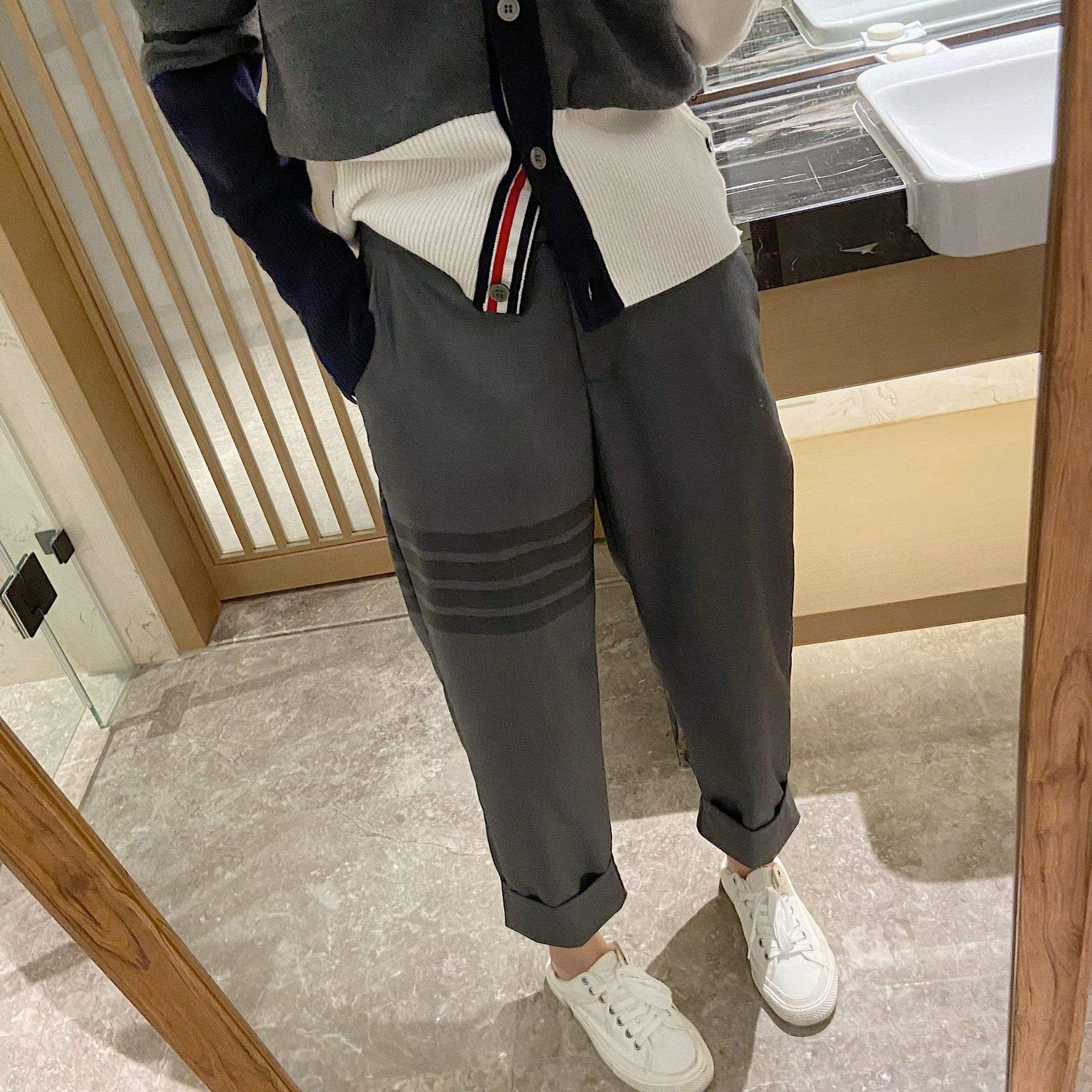 23春秋休闲西装裤TB女休闲九分裤西裤 灰色修身显瘦小直筒裤子潮