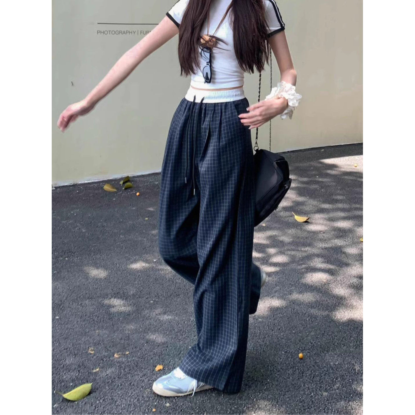 美式复古格子裤女夏薄款2026宽松显瘦直筒慵懒风阔腿遛弯休闲裤子