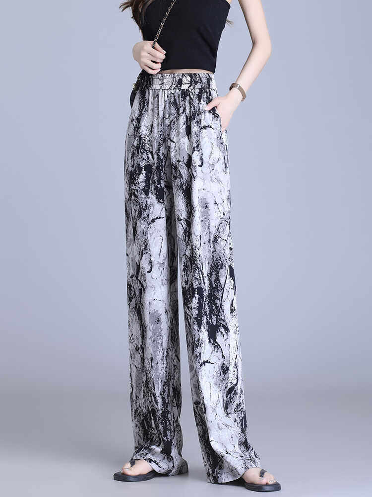 冰丝阔腿裤女夏季薄款2024新款高腰垂感直筒宽松休闲印花拖地裤子